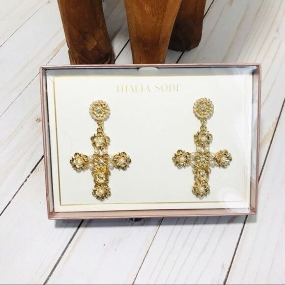 THALIA SODI Gold Statement Baroque Cross Pearl Earrings - Picture 2 of 4